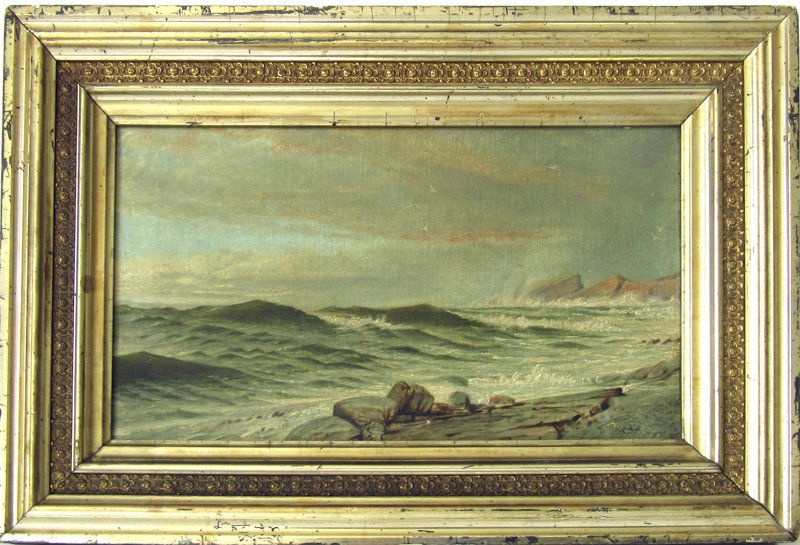 Late 19th/early 20th century oil on canvas marine scene: Late 19th/early 20th century oil on canvas marine scene with rocky shore, 8 by 14 inches, unsigned, framed.
