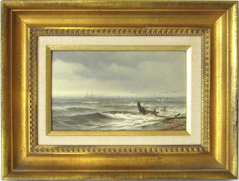 *Edward Moran oil on board shipwreck scene, 7 by 11.5: *Edward Moran oil on board shipwreck scene, 7 by 11.5 inches, signed lower left, "Ed Moran," framed.