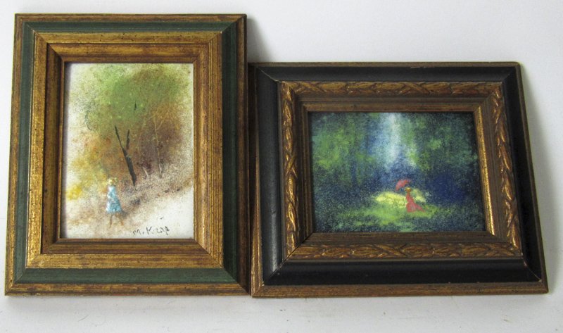 Lot of 2 Max Karp enamels on copper landscapes with: Lot of 2 Max Karp enamels on copper landscapes with figures, each 4 by 3 inches,, one signed lower right, "Max Carp," framed.
