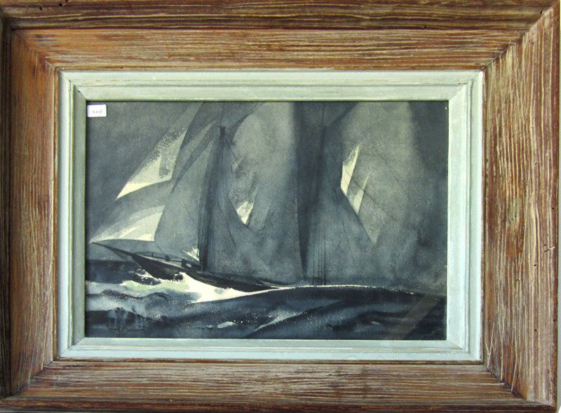 Sandor Bernath watercolor marine scene with schooner,: Sandor Bernath watercolor marine scene with schooner, 12.5 by 16.5 inches, signed lower left, "Sandor Bernath," framed.