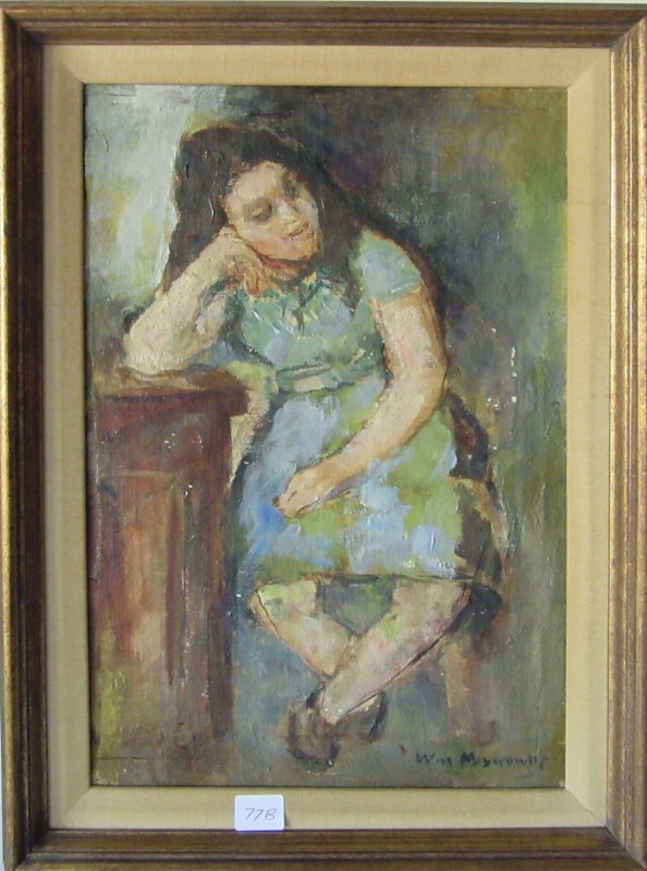 William Meyerowitz oil on board seated girl, 14 by 9: William Meyerowitz oil on board seated girl, 14 by 9 inches, signed lower right, "Wm Meyerowitz," framed.