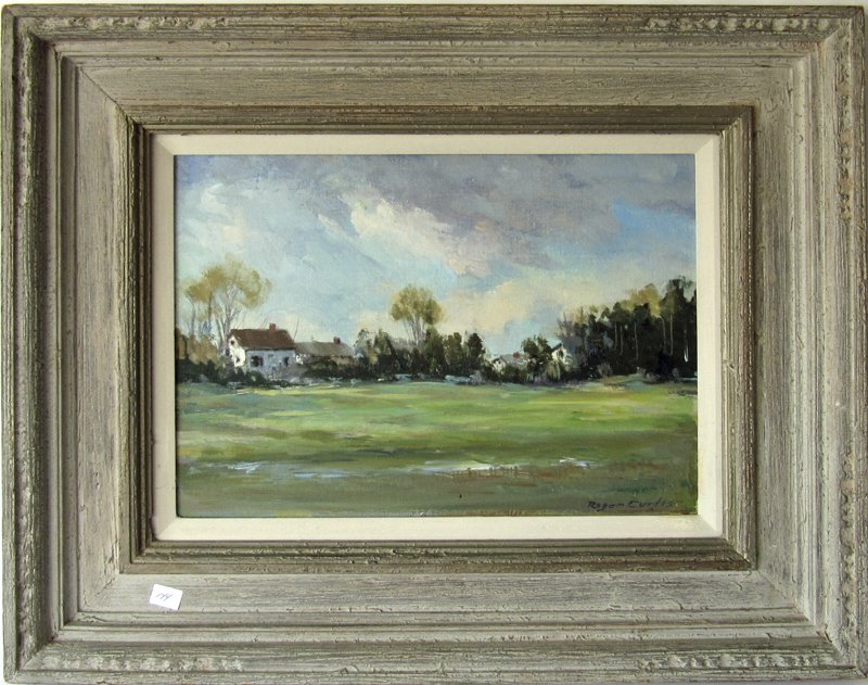 Roger Curtis oil on board landscape with farm, 12 by 16: Roger Curtis oil on board landscape with farm, 12 by 16 inches, signed lower right, "Roger Curtis," framed.