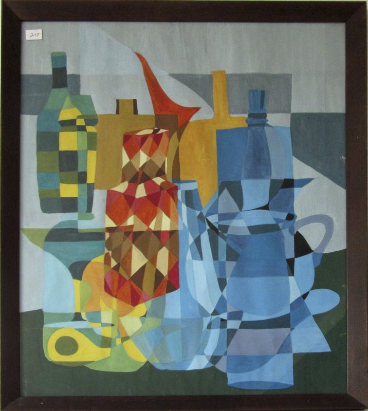 Unsigned gouache cubist still life, 23.5 by 17.5: Unsigned gouache cubist still life, 23.5 by 17.5 inches, framed.