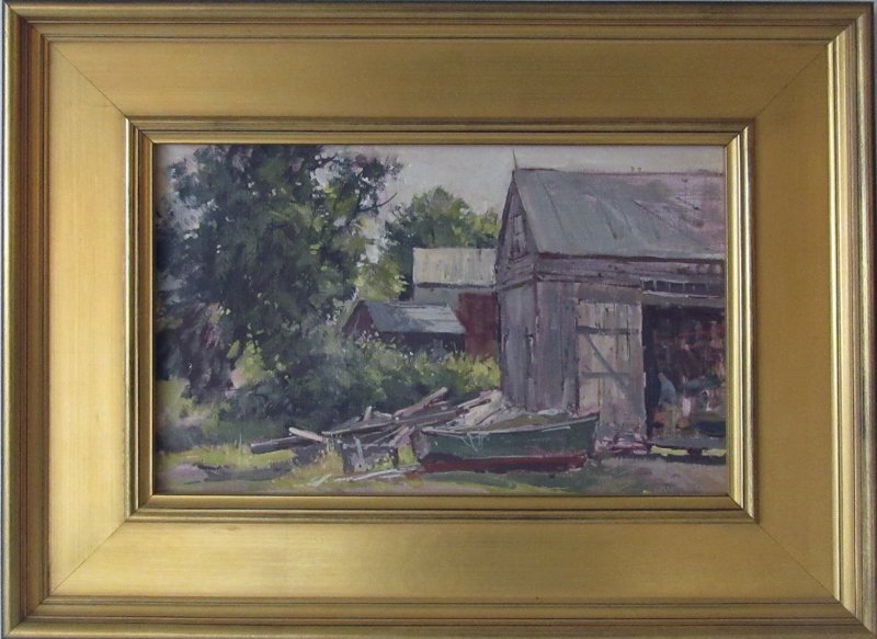Bernard Corey oil on canvas view of Burnham's barn,: Bernard Corey oil on canvas view of Burnham's barn, Essex, 9 by 14 inches, Royka's estate label verso, framed.