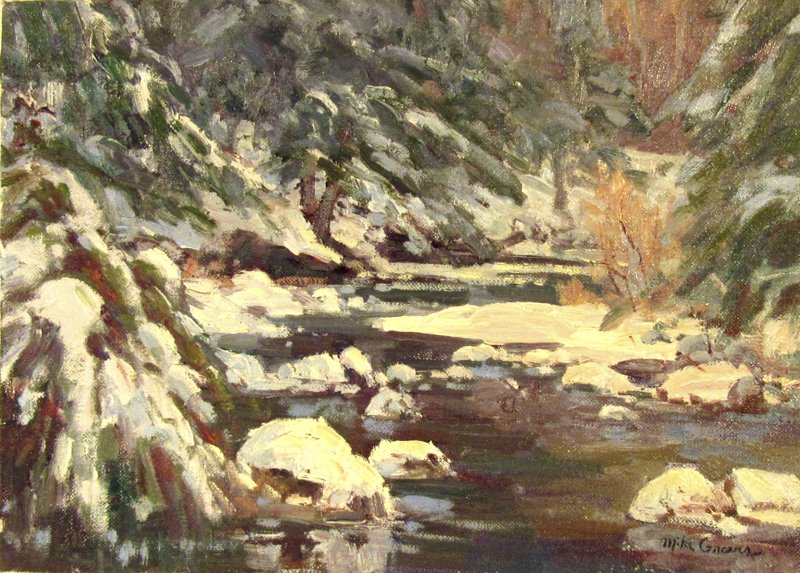 Mike Graves oil on canvas winter landscape with stream, (1 of 1)