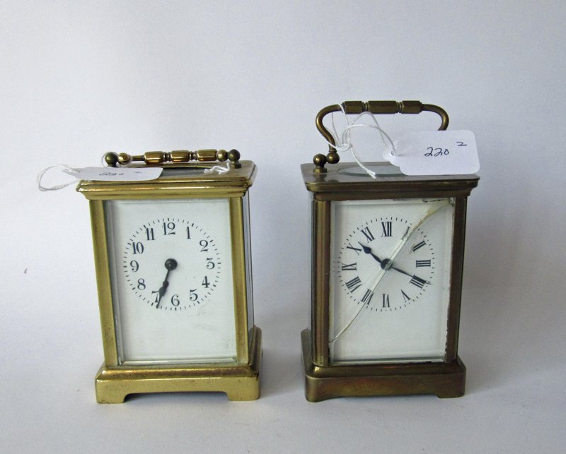 Lot of 2 brass and glass carriage clocks, each 4 inches (1 of 1)