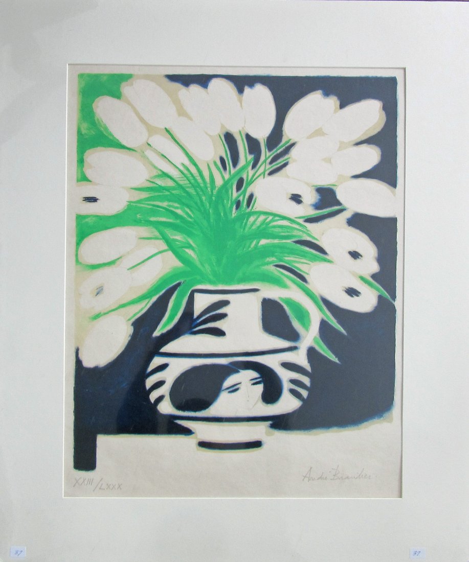 Andre Brasilier color lithograph floral still life, 25: Andre Brasilier color lithograph floral still life, 25 by 19 inches, signed in pencil lower right, "Andre Brasilier," matted. Condition: good.