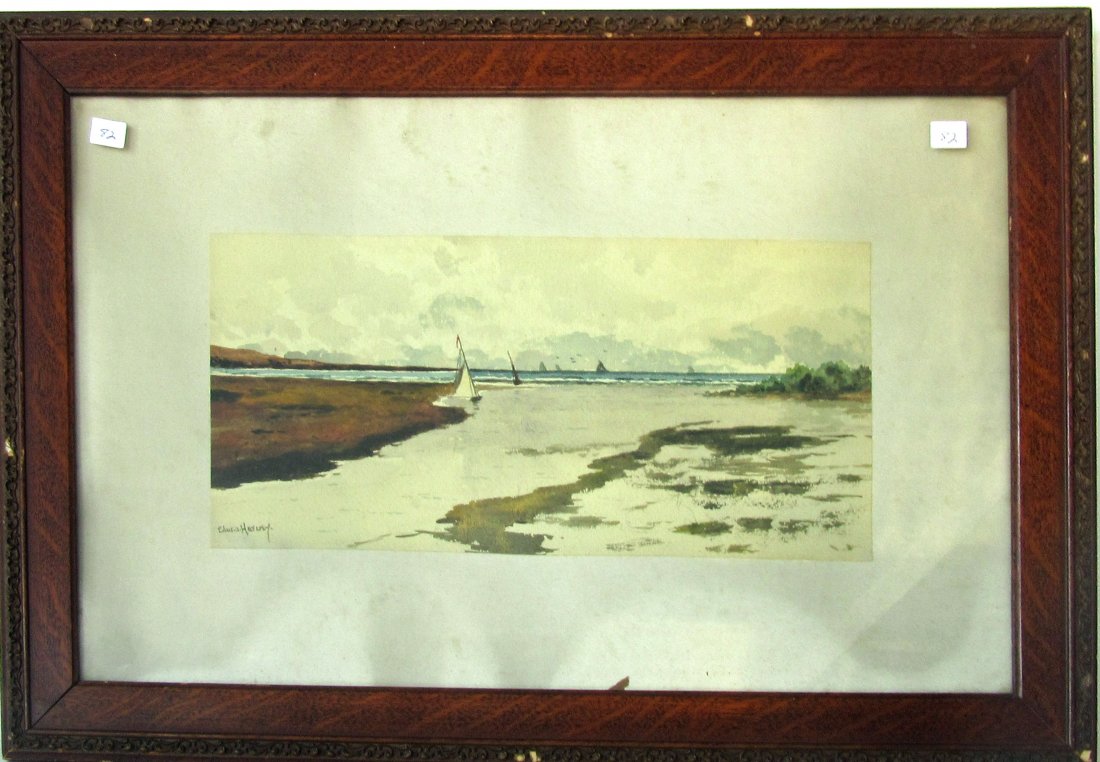 Edward A. Harvey watercolor shore scene with sailing (1 of 1)