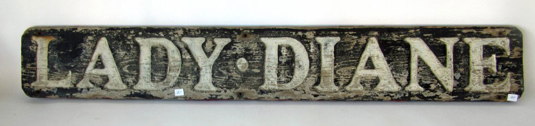 Ship sternboard, "Lady Diane,? 7 by 48 inches.: Ship sternboard, "Lady Diane,? 7 by 48 inches. Condition: paint loss.