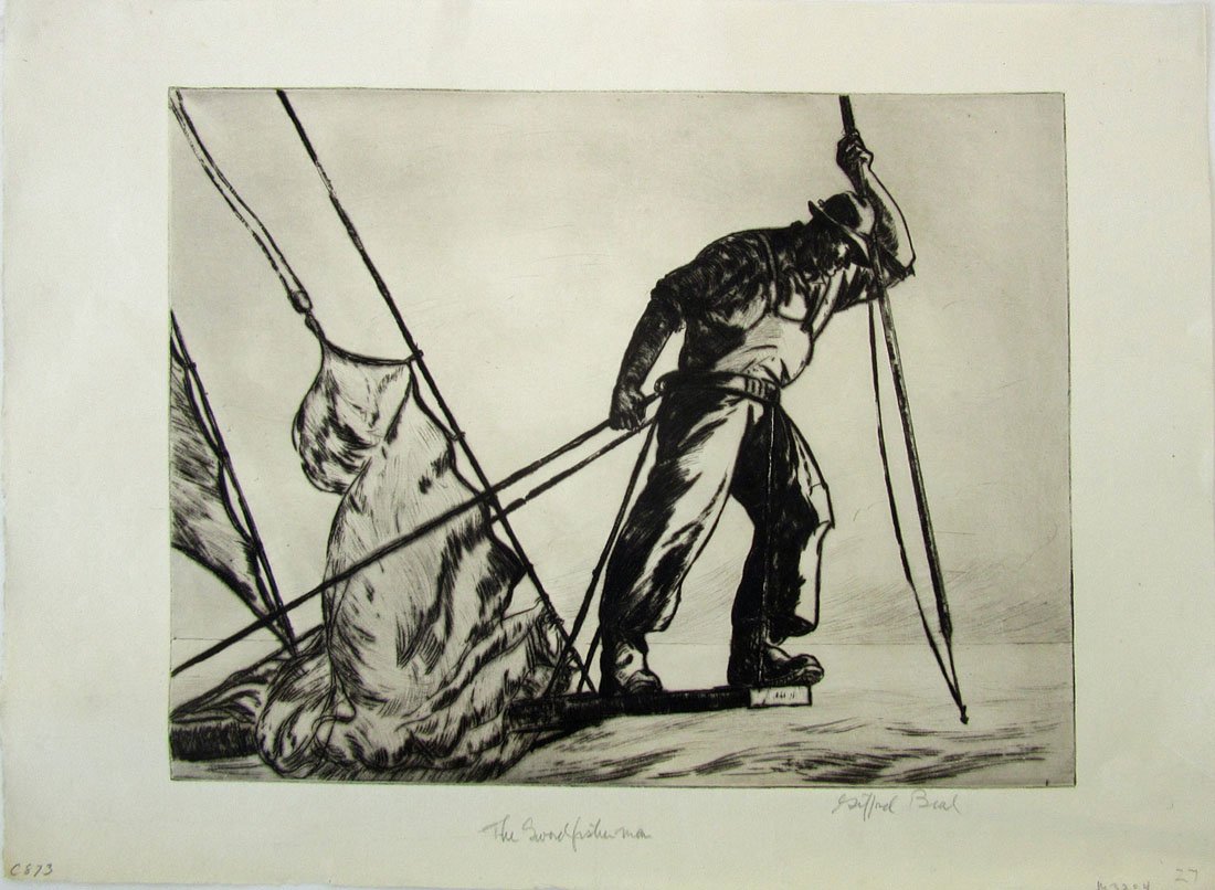 Gifford Beal lithograph, "The Sword Fisherman," 11 by: Gifford Beal lithograph, "The Sword Fisherman," 11 by 15.75 inches, signed lower right, "Gifford Beal." Condition: good, slight creases.