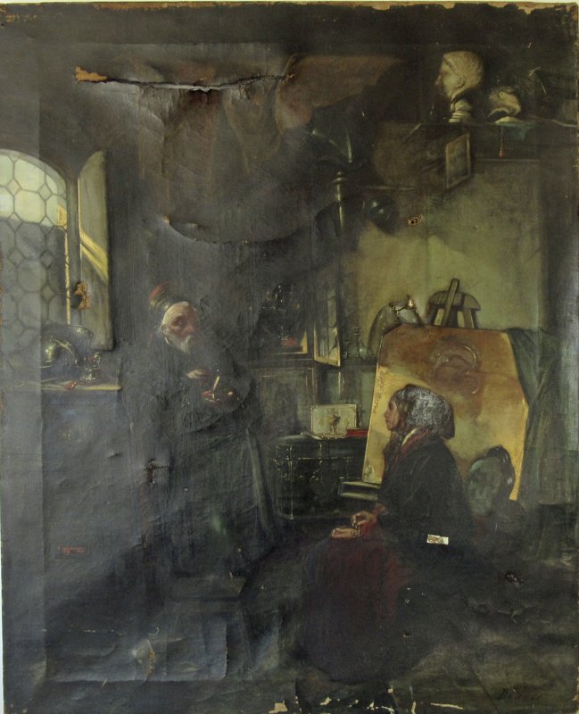 Oil on canvas interior scene with figures, 28.75 by 22 (1 of 1)
