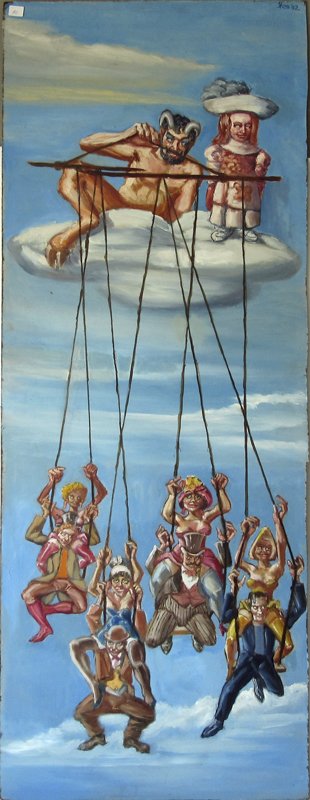 Herbert Leopold Surrealist oil with puppets, 48 by 18: Herbert Leopold Surrealist oil with puppets, 48 by 18 inches, signed upper right, "Heleo 02." Condition: minor losses.