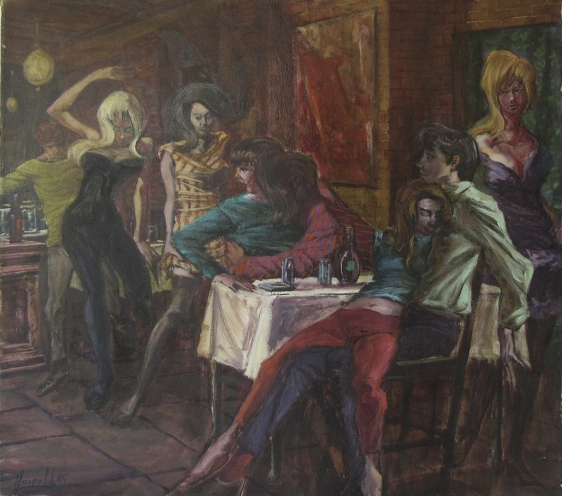 Herbert Leopold oil on canvas Beatnik scene, 30 by 34 (1 of 1)