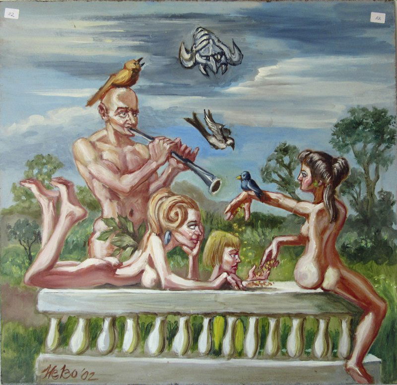 Herbert Leopold oil on board of nudes and birds, 24 by (1 of 1)