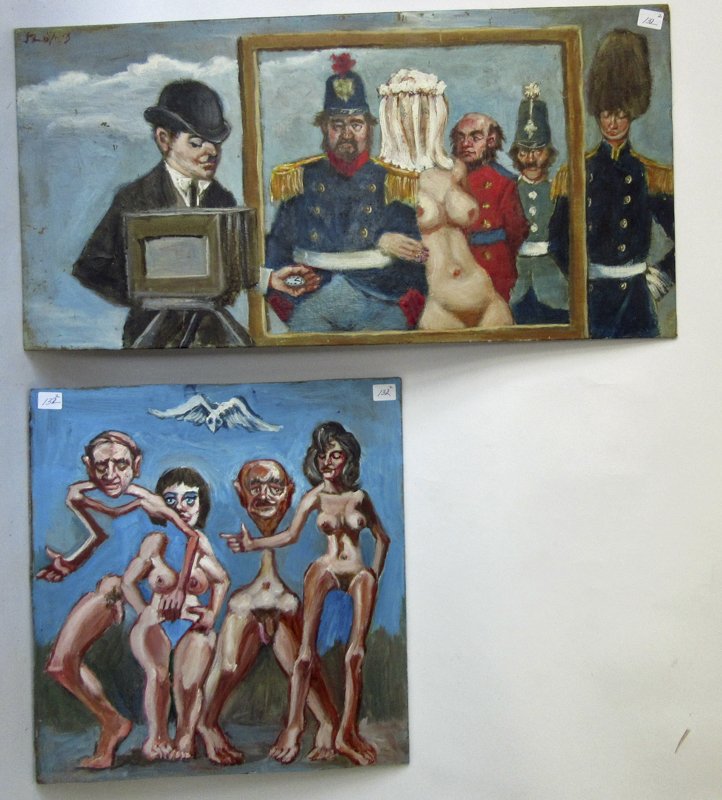Lot of 2 Herbert Leopold Surrealist oils on board: (1 of 1)