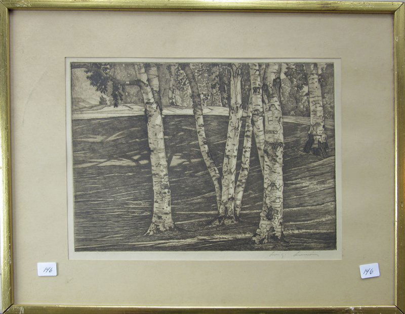 Luigi Lucioni etching of birches, 9.5 by 12.5 inches, (1 of 1)