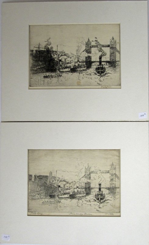 Lot of 2 states of etching of London Bridge by Haley (1 of 1)