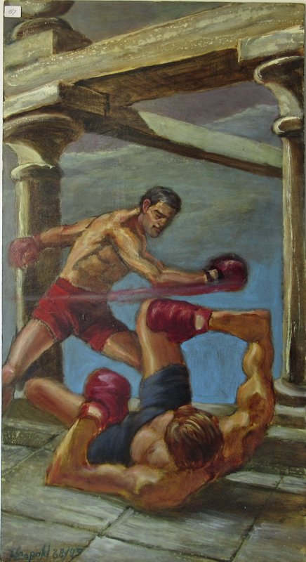 Herbert Leopold oil on board of a boxer, 32 by 16: Herbert Leopold oil on board of a boxer, 32 by 16 inches, signed lower left, "H. Leopold 63/93." Condition: good.