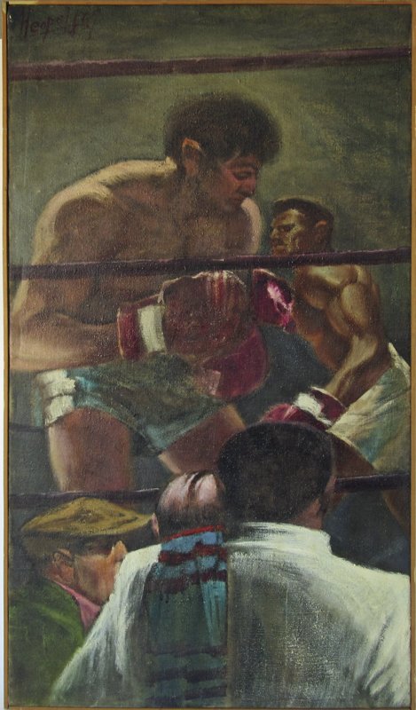 Herbert Leopold oil on board of a boxer, 40 by 22: Herbert Leopold oil on board of a boxer, 40 by 22 inches, signed upper left, "H. Leopold 67," framed. Condition: good.
