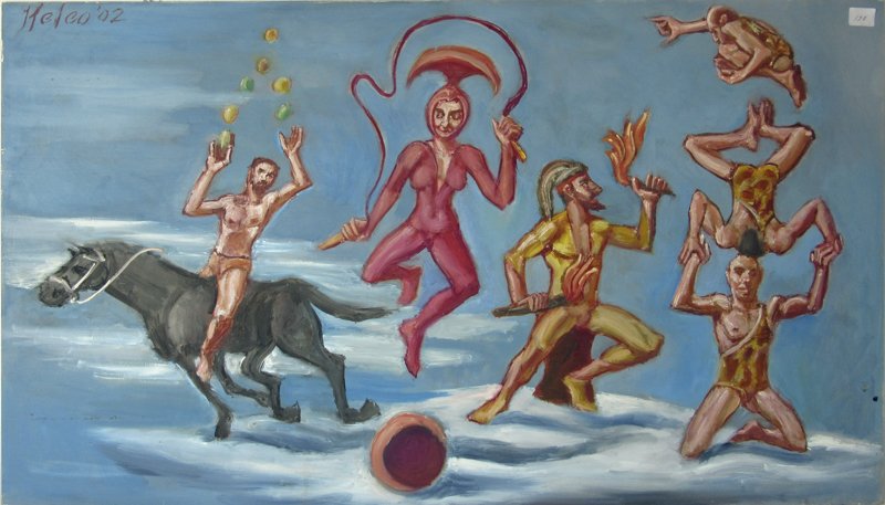 Herbert Leopold Surrealist oil on board with juggler, (1 of 1)