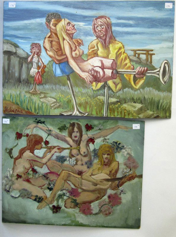 Lot of 2 Herbert Leopold Surrealist oils, largest 14 by (1 of 1)