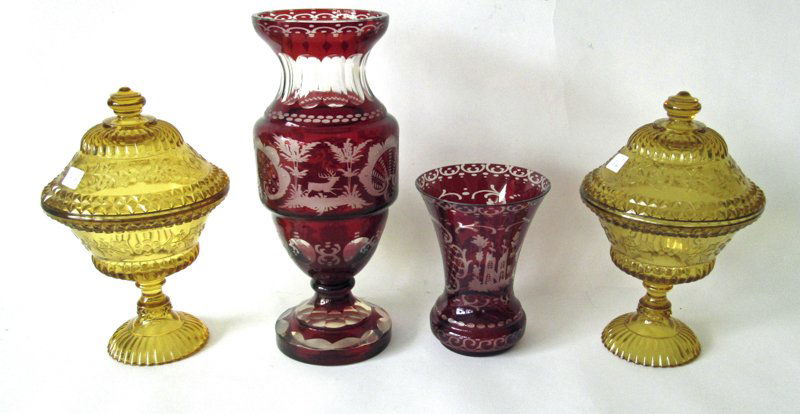 Lot of 2 overlay vases and pair of pressed glass (1 of 1)