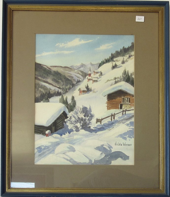 Hulda Verner watercolor New England Winter scene, 14 by (1 of 1)