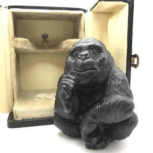 Faberge Black Obsidian Gorilla W/Ruby Eyes in Box: Faberge Imperial Russian Hand-Carved Black Obsidian Gorilla W/Genuine Ruby Eyes in Original Fitted "Faberge" Leather Casket - Genuine Ruby Eyes *Museum Quality Piece* - This gorgeous pre-revolution pi