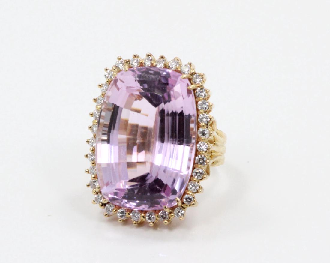 30ct Pink Kunzite, 1.00ctw Diamond & 14K Ring: 30ct Cushion Cut Near Flawless Pink Kunzite, 1.00ctw VS2-SI1/G-H Diamond & Solid 14K Yellow Gold Cocktail Ring - This stunning estate piece is made of solid 14k yellow gold, and boasts a goregous, 30c