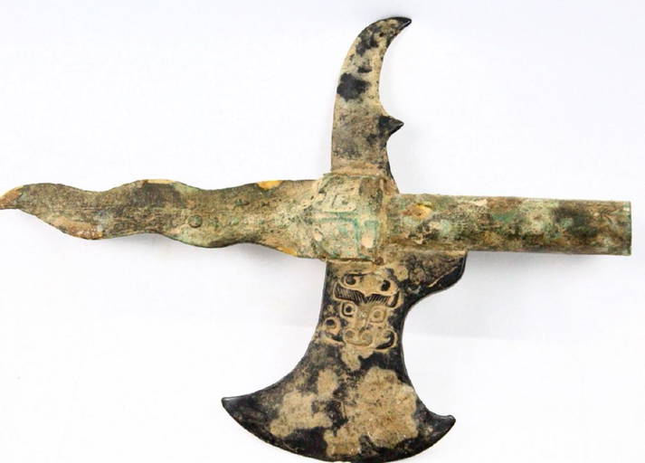 Ancient Chinese Bronze Tri Halberd Spear Top