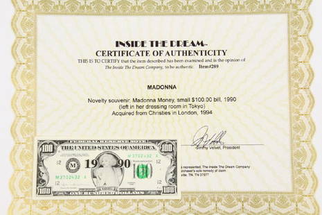 Madonna "$100" Souvenir From Dressing Room W/COA: Madonna Small Size "$100" Bill Novelty Souvenir Left in Her Dressing Room From the Tokyo Show on the Blond Ambition World Tour, 1990 W/COA - This piece is a $100 novelty souvenir bill from Madonna's