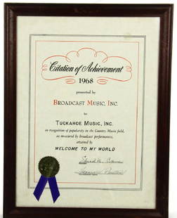 1968 BMI Award For "Welcome to my World" W/COA: Framed 1968 BMI Award to Tuckahoe Music, Inc. For the Song "Welcome to my World" W/COA (Recorded by Elvis & Others) - This piece is a professionally framed, Broadcast Music Award presented to