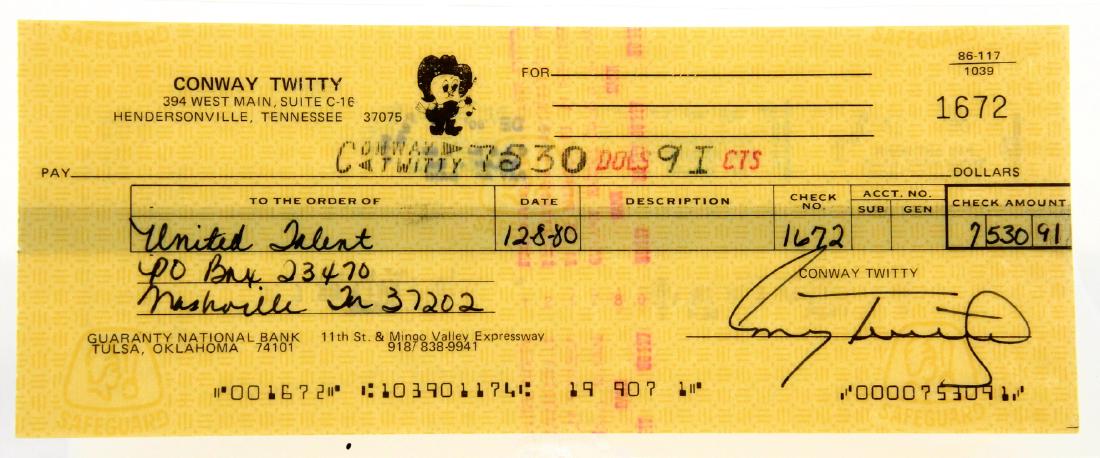 Conway Twitty Signed Check to United Talent W/COA (1 of 3)