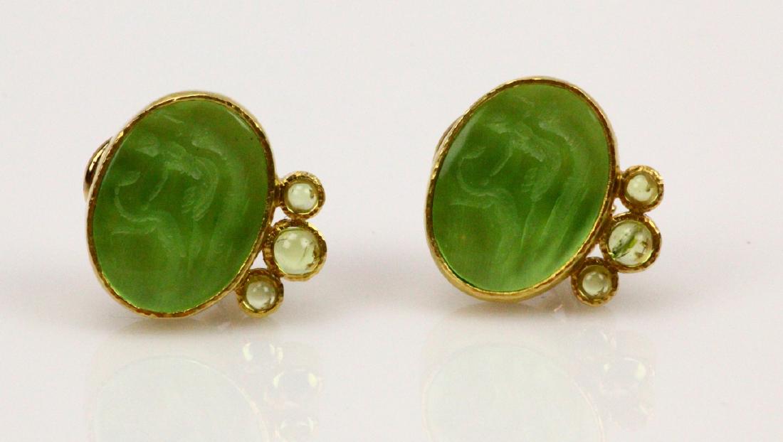 Elizabeth Locke 18K Venetian Glass Earrings: Elizabeth Locke Solid 18K Yellow Gold & Green Venetian Glass Intaglio Earrings - These earrings are made by Elizabeth Locke, and are made of solid 18k yellow gold. They have green Venetian glass inser