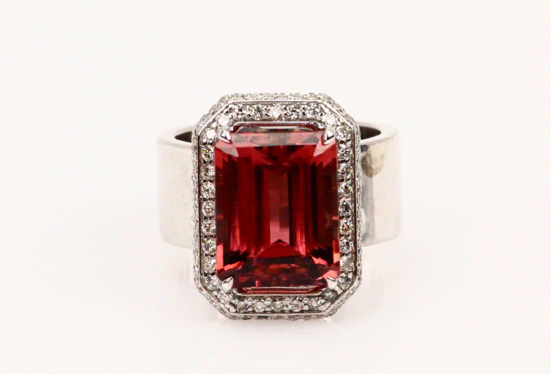 7.25ct Pink Tourmaline, .85ctw Diamond & 14K Ring: 7.25ct Near Flawless Emerald-Cut Pink Tourmaline, 0.85ctw V2-SI1/G-H Diamond & Solid 14K White Gold Ring W/9mm Band - This gorgeous ring is made of solid 14k white gold, and boasts a stunning 7.25ct n