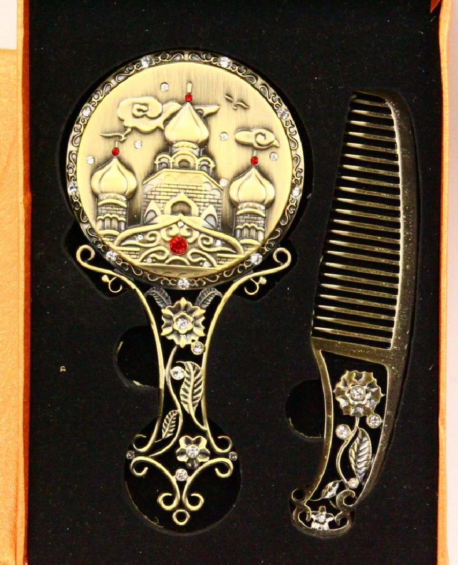Pewter Hand Mirror & Comb Set W/Jeweled Accents (1 of 3)