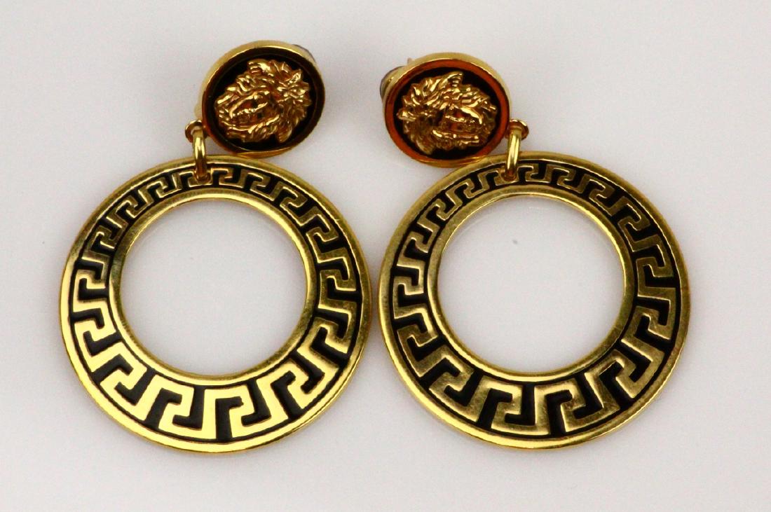Gianni Versace Vintage 18K 3" Earrings 56.3G: Gianni Versace Vintage Solid 18K Yellow Gold 3" Hoop Earrings W/Black Enamel Accents (SIGNED/NUMBERED) - These stunning, investment quality pieces are made of solid 18K yellow gold, and have black ena