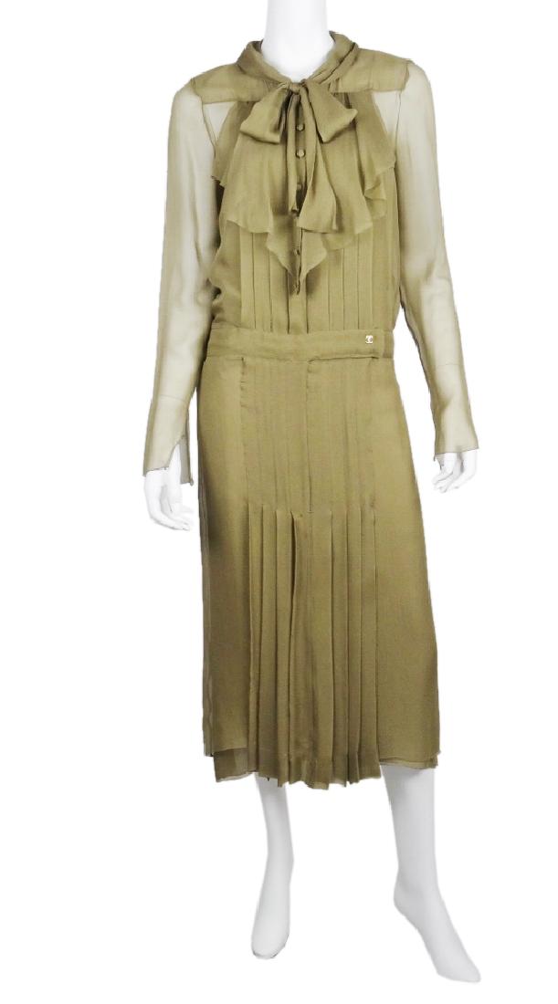 Chanel 2004A Taupe Pleated Sheer Silk 3/4 Dress (1 of 10)