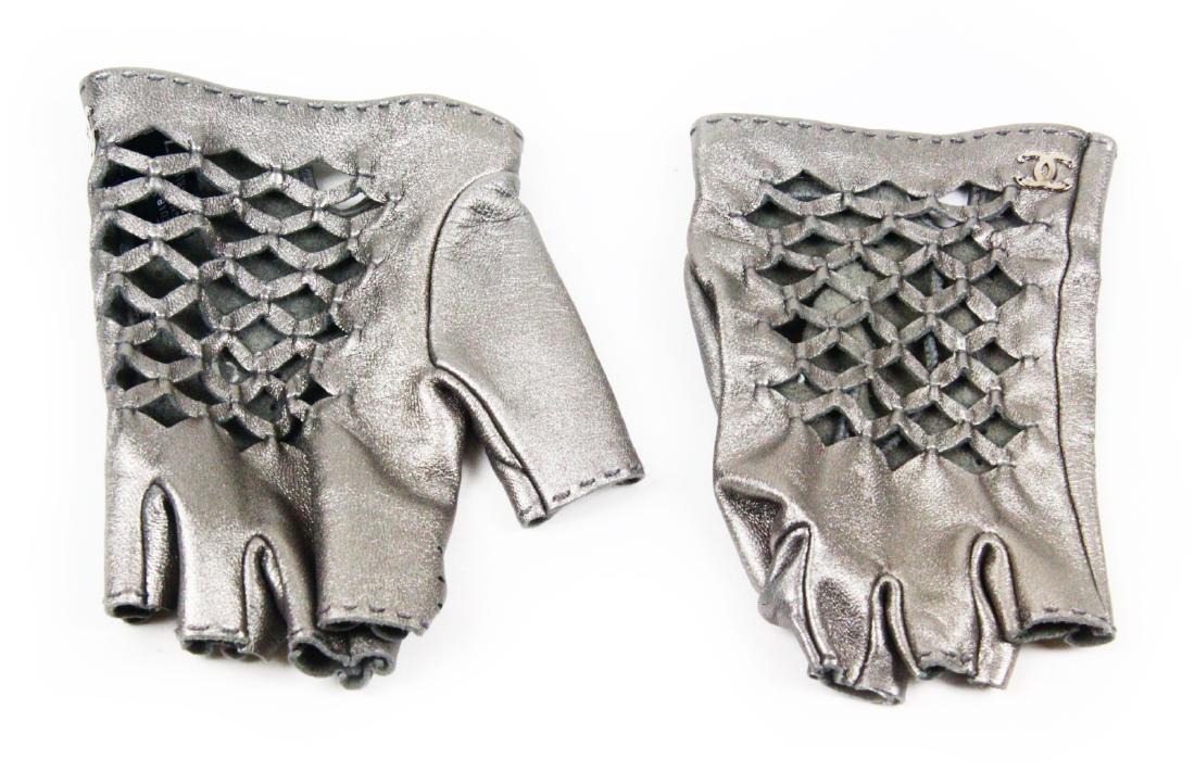 Chanel Silver Lambskin Fingerless Woven Gloves (1 of 5)
