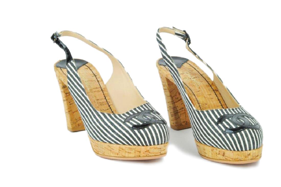 Chanel Navy & White Stripe Cork Platform Heels (1 of 4)