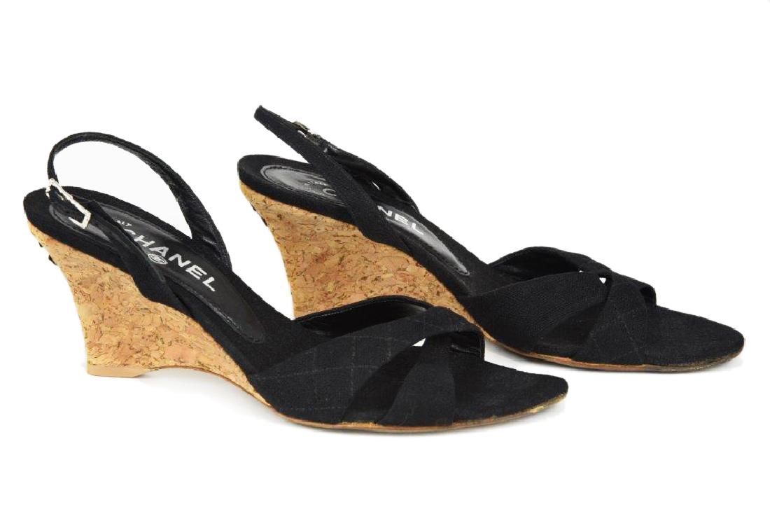 Chanel Black Cotton Cork Wedge Sandals (1 of 8)