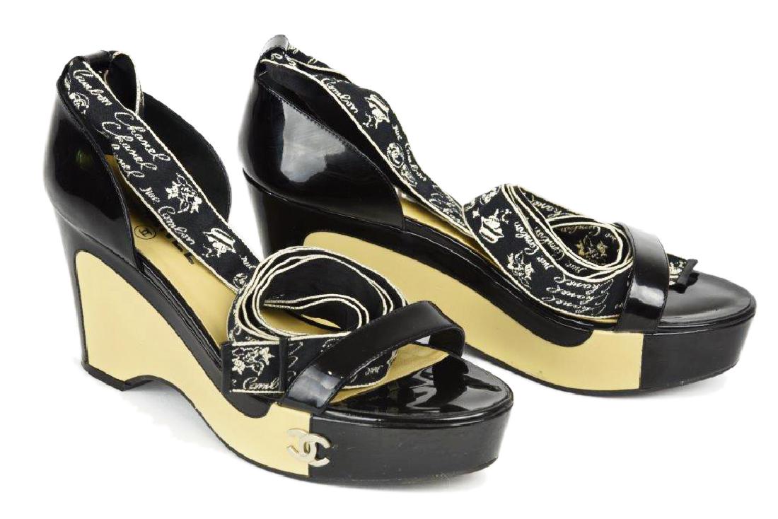 Chanel Black & Beige Patent Leather Wedge Sandals (1 of 9)