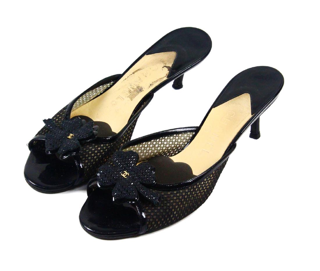 Chanel Black Peep Toe Slip On Heels W/Clover (1 of 4)