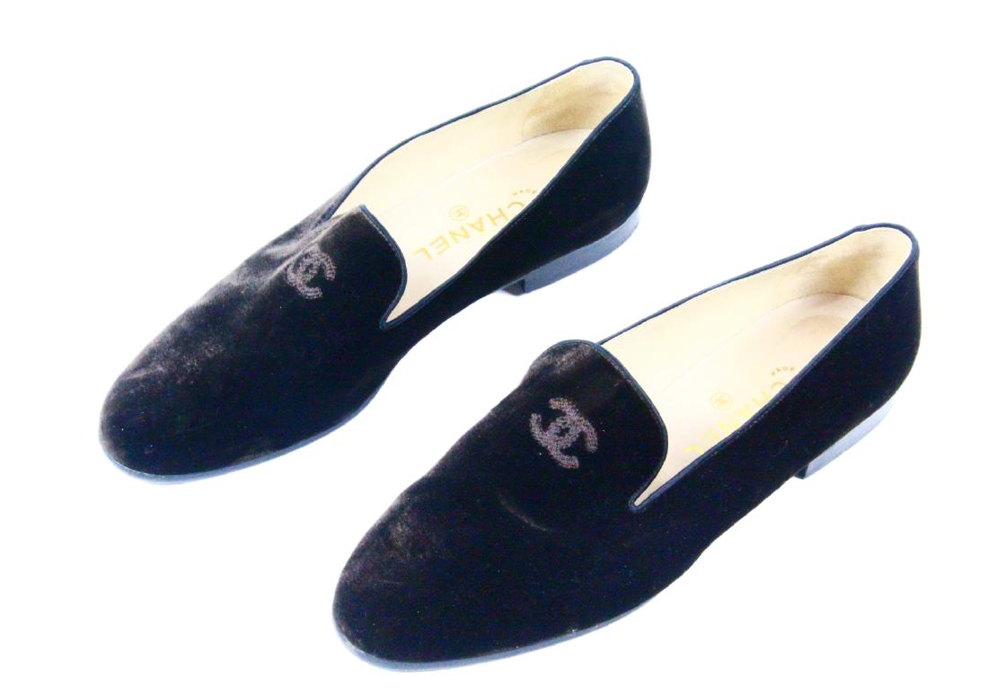 Chanel Brown Silk Velvet Loafers W/CC Logo Detail (1 of 4)