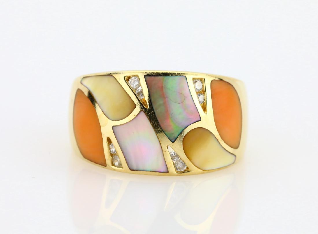 14K Diamond Ring W/Mother of Pearl & Coral Inlay (1 of 4)