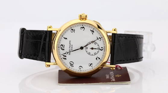 Patek Philippe 150th Anniversary 18K Calatrava: Patek Philippe 150th Anniversary Solid 18K Yellow Gold Officer's Calatrava 33mm Men's Watch Ref. 3960J W/Original Alligator Band in Wooden Display Box (Only 2000 Ever Made) - This magnificent