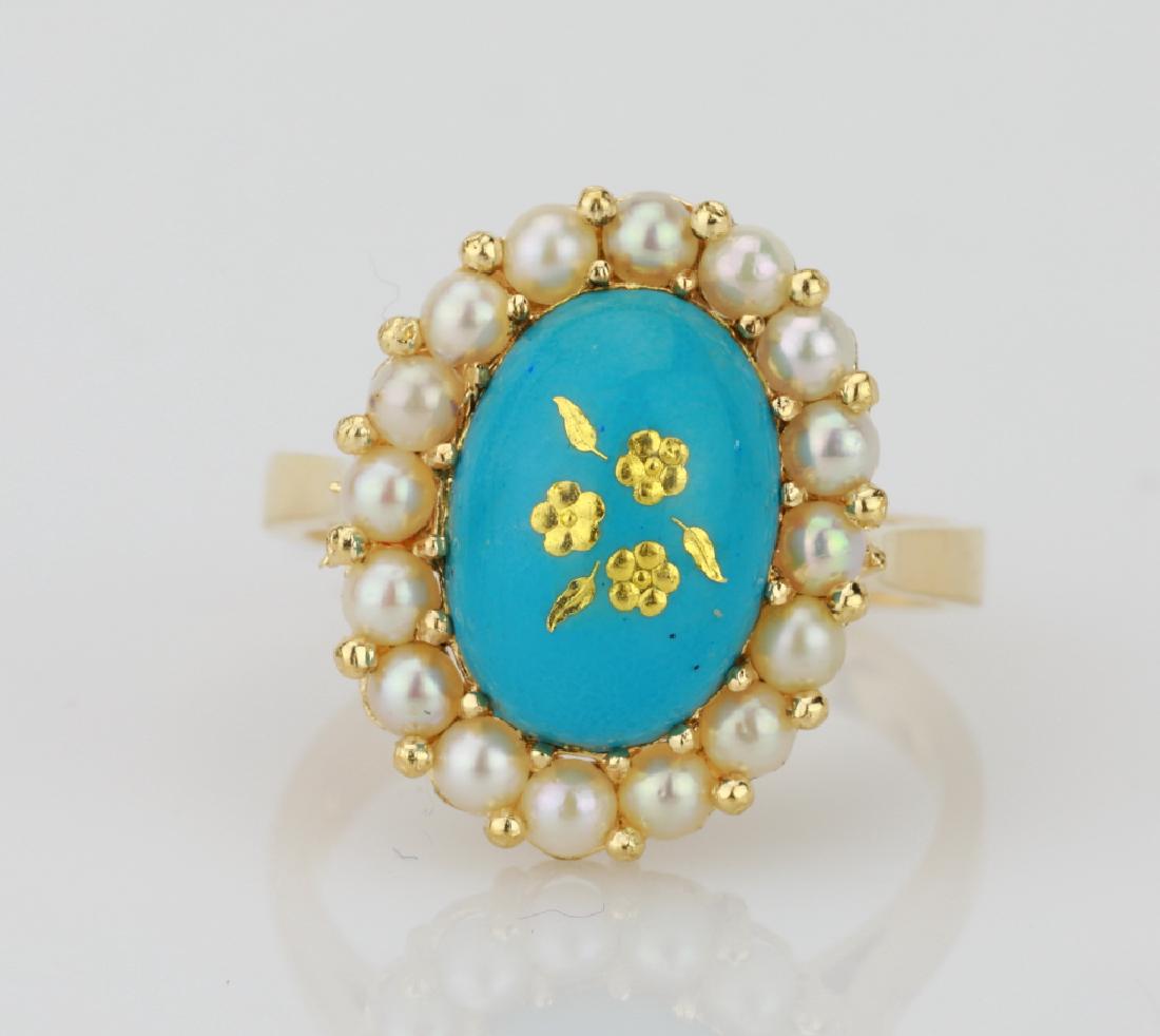 18K & Turquoise Blue Enamel Ring W/Seed Pearls (1 of 4)