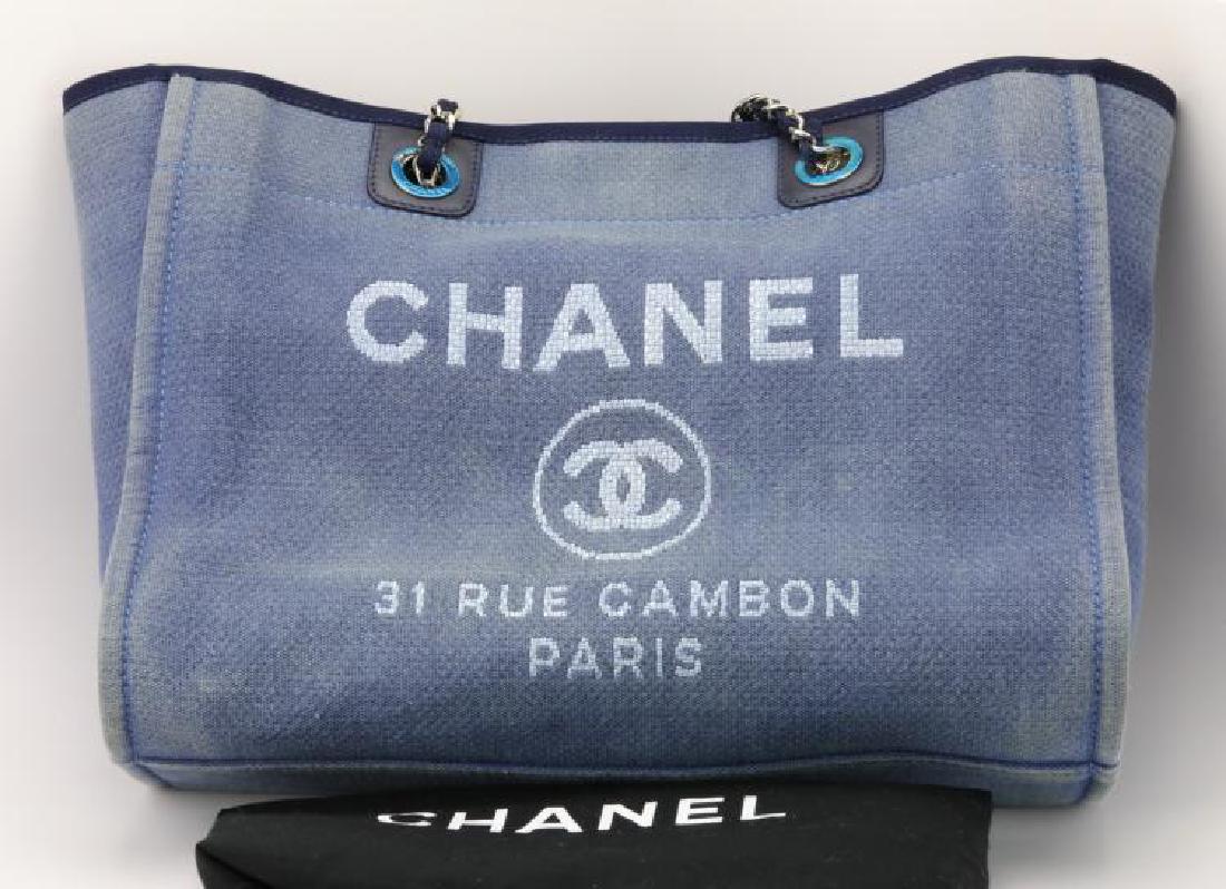 chanel blue canvas tote