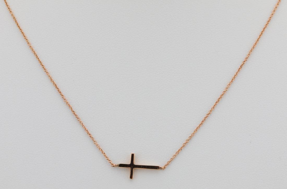 Italian 14K Rose Gold 16" Necklace W/14mm Cross: Italian Solid 14K Rose Gold 16" Necklace W/14mm Cross Detail - This lovely necklace was made in Italy, and is made of solid 14k rose gold. The necklace measures approx. 16" in length, and is finished