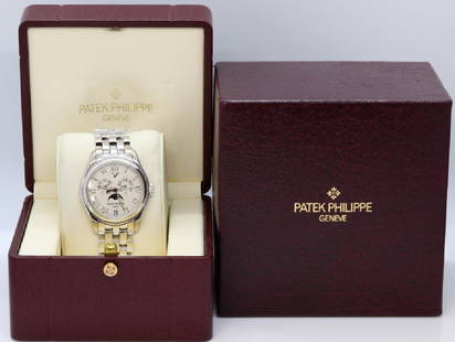 Patek Philippe Complicated Moonphase Watch Ref. 5036: Patek Philippe Complicated Moonphase 18K & Stainless Steel 38mm Watch in Patek Philippe Box Ref. 5036 - This handsome, investment quality timepiece was created by one of the world's most celebrated wa